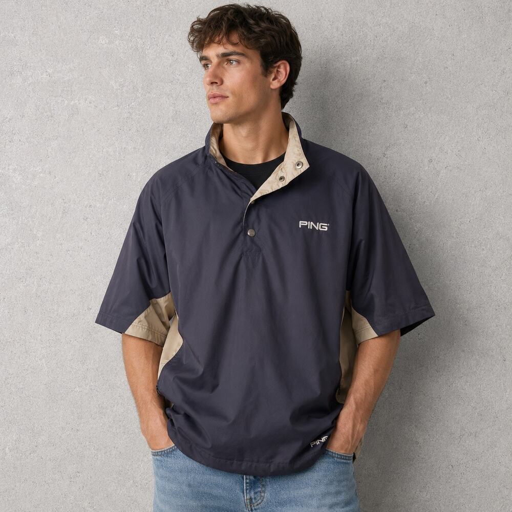 PING Collection Golf Wind Pullover Jacket Mens Large Navy Beige Short Sleeve